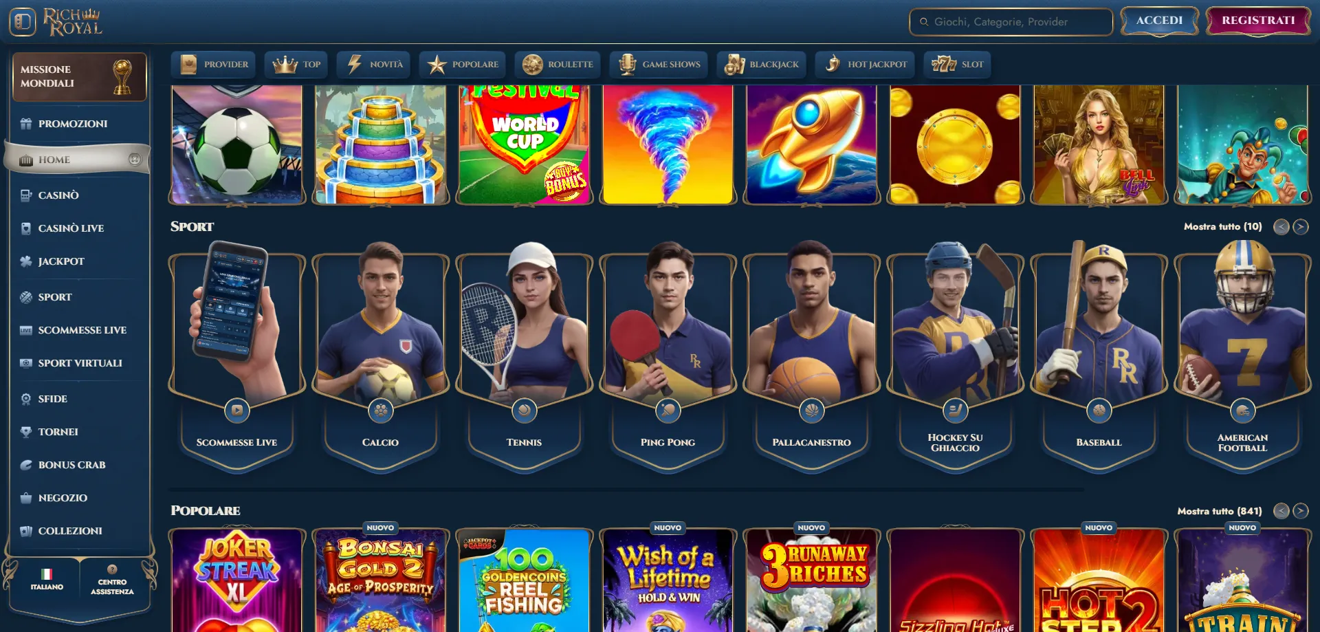 RichRoyal Casino scommesse sportive calcio tennis Formula 1 Italia
